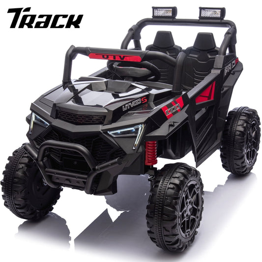 Track Seven 24V Ride on Car, 2WD Electric Off-Road UTV Truck w/ 400W Motors, Remote Control, Large Seat, Bluetooth, Lights, Power Display, Portable Handle, Electric Car for Boys Girls Aged 3+, Black