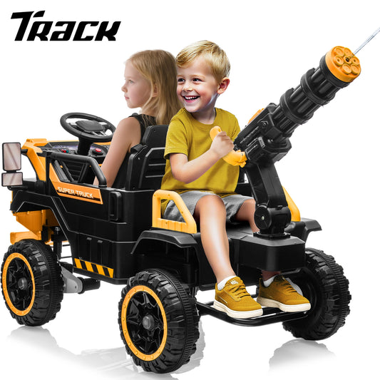 Track Seven 24V Ride on Car, 3-Seater Elecric car with Water Gun, Bluetooth, Remote Control, LED Lights, 2WD/4WD, Off-Road Truck for Boys Girls Age 3+, Yellow