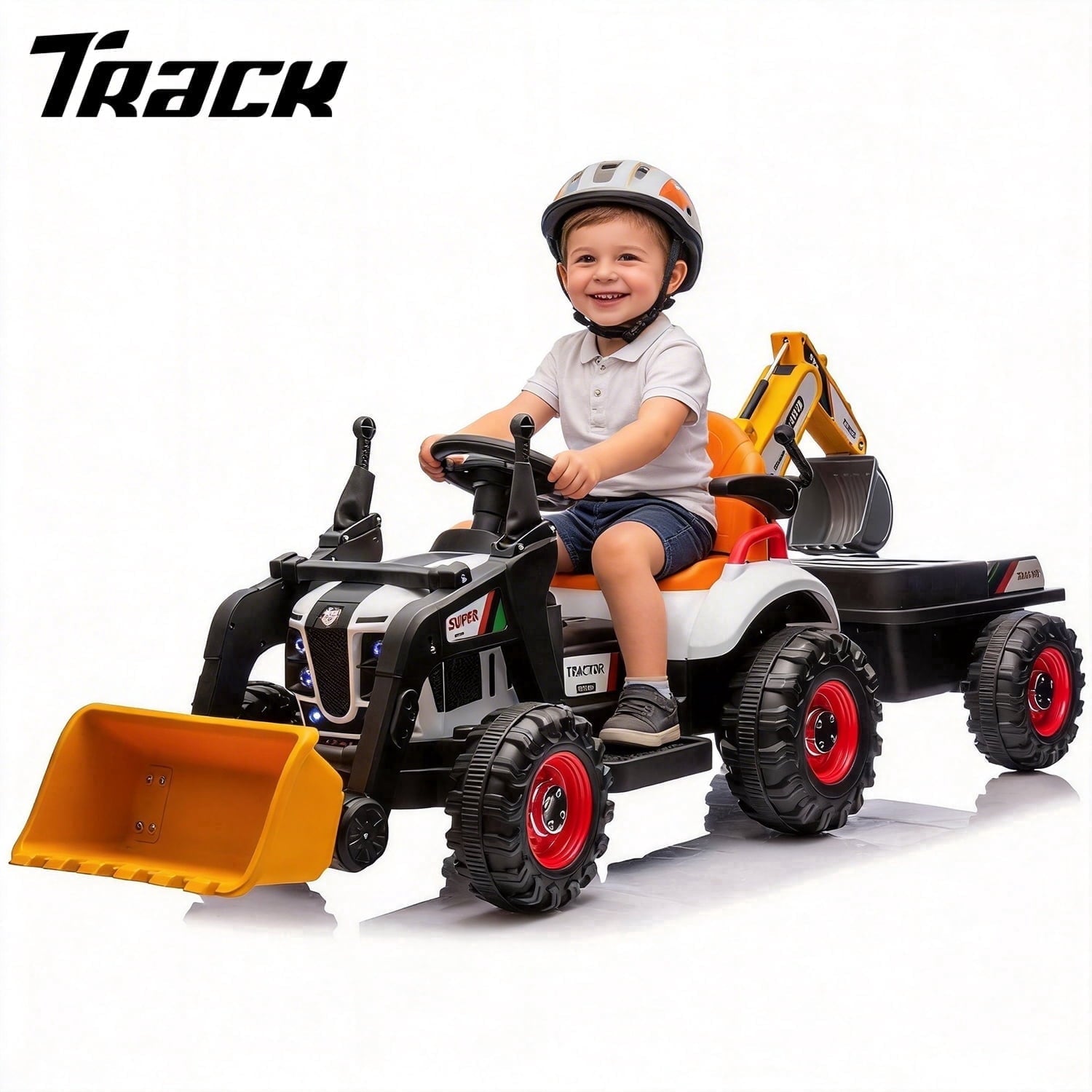 Track Seven 24V Ride on Excavator, 4-in-1 Construction Excavator, Dump Truck & Bulldozer, Ride on Tractor Electric Car with Remote Control, Swivel Seat, Music, Ride on Toy Car for Kids Aged 3+