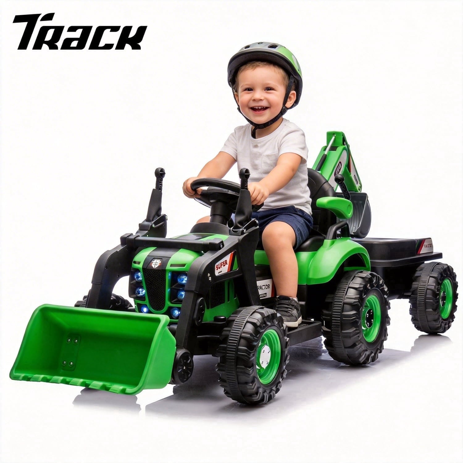 Track Seven 24V Ride on Excavator, 4-in-1 Construction Excavator, Dump Truck & Bulldozer, Ride on Tractor Electric Car with Remote Control, Swivel Seat, Music, Ride on Toy Car for Kids Aged 3+