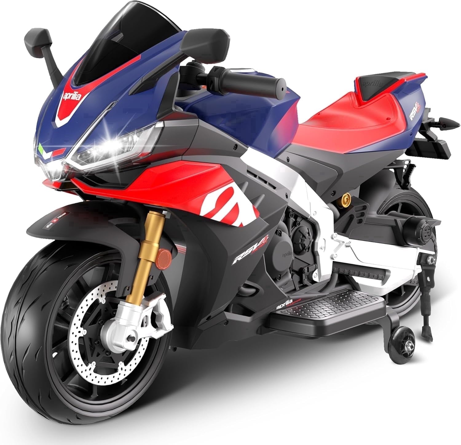 Track Seven 24V Ride on Motorcycle, Licensed Aprilia RSV4 Electric Motorcycle for Kids with Training Wheels, LED Lights, Music, Speed Up to 5 Mph, Ride on Toy Car for Boys Girls Aged 3+, Blue