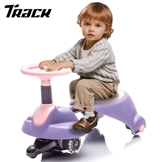 Track Seven 6V Electric Wiggle Car, 2 in 1 Electric Swing Car with Pedal, Flashing Wheels, Bluetooth, 360°, Retractable, Anti-Rollover, Max Speed 3.11mph, Ride on Toy Car for Kids Age 3+, Purple