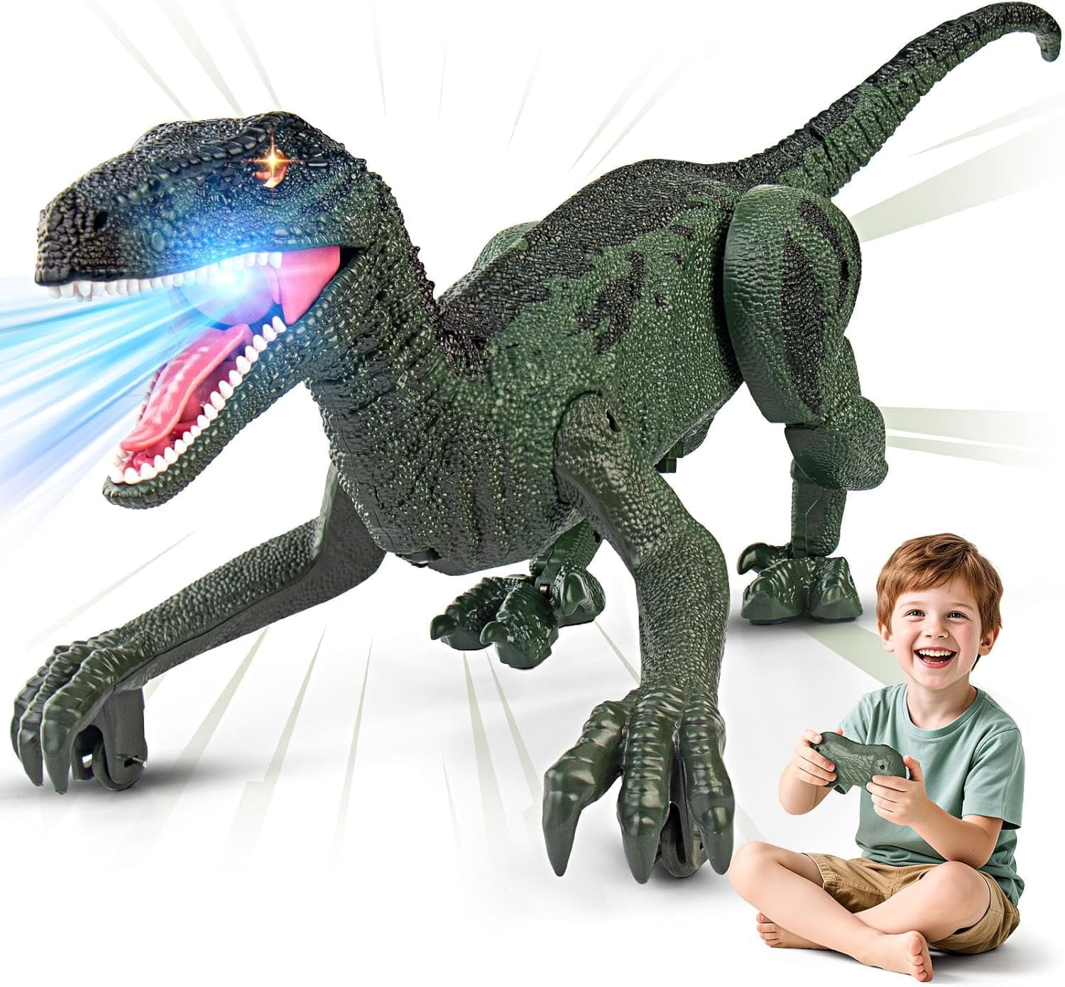 Track Seven Dinosaur Toys for Kids 3-5, 5-7, 8-12, 2.4GHz Remote Control Dinosaur with Walking, Realistic Sounds, Demo Mode, Rechargeable Jurassic Toys for Birthdays, Parties, Children’s Day, Green