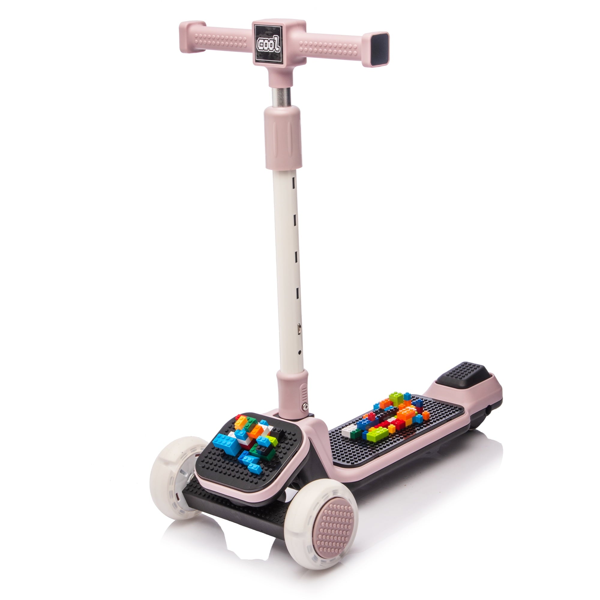 Track Seven Kids Ride On 3-Wheel Scooter W/Buildable Blocks, PU Flashing Wheels, 5-Position Height Adjustable, Folding Kick Scooter for Kids Aged 3+, Purple