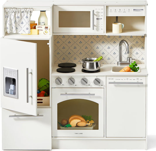 Track Seven Play Kitchen for Kids, Upgraded Wooden Kitchen Toy with Complete Play Areas, Pretend Cooking Set with Sink, Stove, Microwave, Toy Coffee Station & Storage for Kids Ages 3+, White