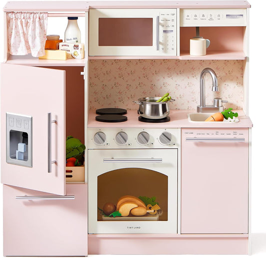 Track Seven Play Kitchen for Kids, Upgraded Wooden Kitchen Toy with Complete Play Areas, Pretend Cooking Set with Sink, Stove, Microwave, Toy Coffee Station & Storage for Kids Ages 3+, Pink