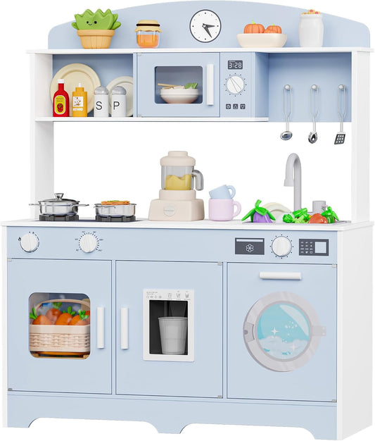 Track Seven Play Kitchen for Kids, Wooden Kids Kitchen Playset with Storage and Realistic Details, Pretend Play Kitchen Set with Ice Maker, Clicking Knobs, Sink, Washing Machine For Toddlers Ages 3+