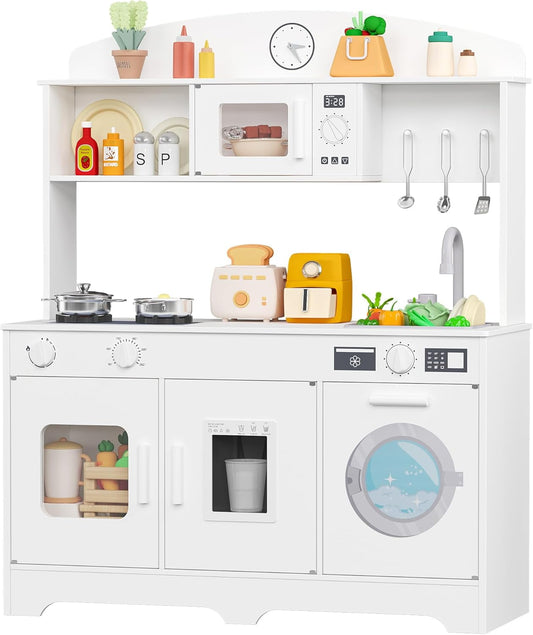 Track Seven Play Kitchen for Kids, Wooden Kids Kitchen Playset with Storage and Realistic Details, Pretend Play Kitchen Set with Ice Maker, Clicking Knobs, Sink, Washing Machine For Toddlers Ages 3+