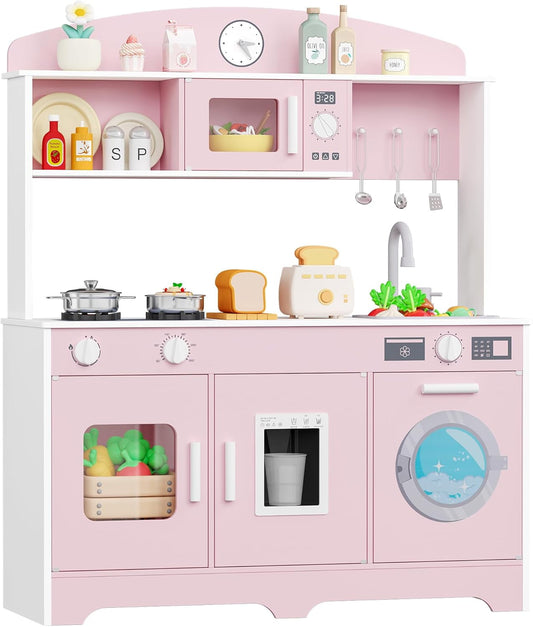 Track Seven Play Kitchen for Kids, Wooden Kids Kitchen Playset with Storage and Realistic Details, Pretend Play Kitchen Set with Ice Maker, Clicking Knobs, Sink, Washing Machine For Toddlers Ages 3+