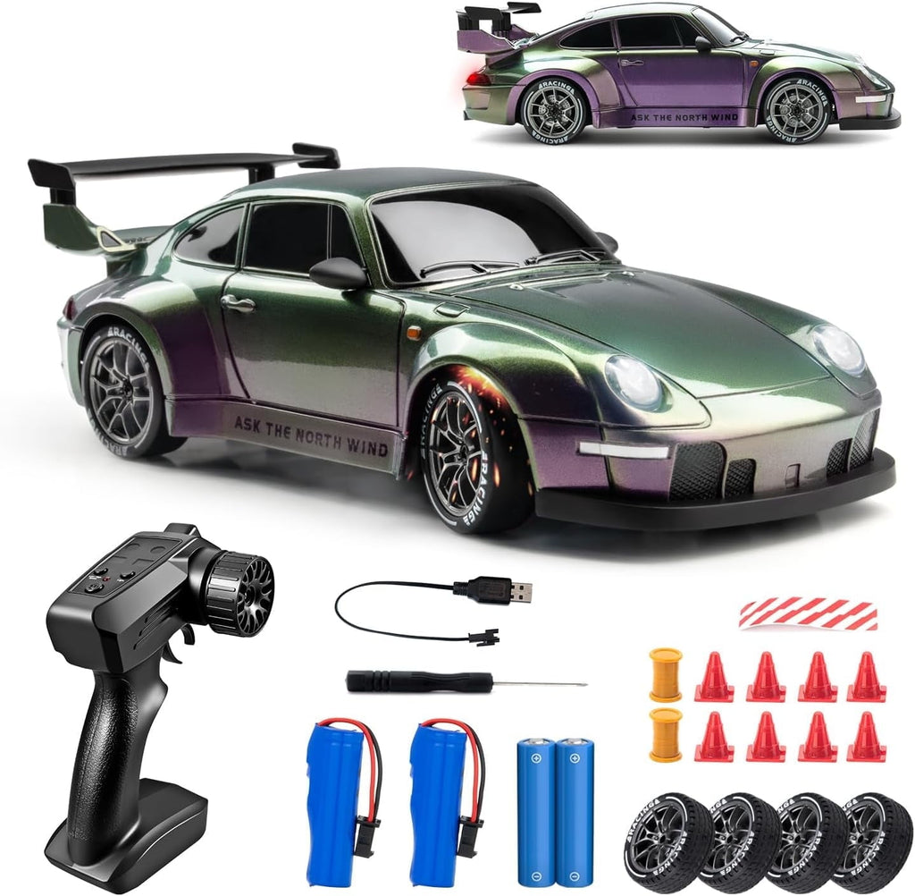 Track Seven RC Drift Car, 1:24 Scale Remote Control Vehicle with LED Lights, 2.4GHz 20KM/H 4WD High Speed RC Cars, Drifting Tires＆Two Batteries, Racing Sports Toy Idea Gift for Adults Boys Girls