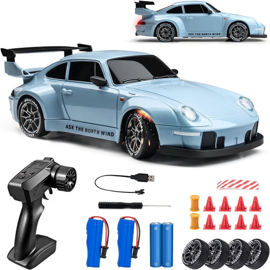 Track Seven RC Drift Car, 1:24 Scale Remote Control Vehicle with LED Lights, 2.4GHz 20KM/H 4WD High Speed RC Cars, Drifting Tires＆Two Batteries, Racing Sports Toy Idea Gift for Adults Boys Girls