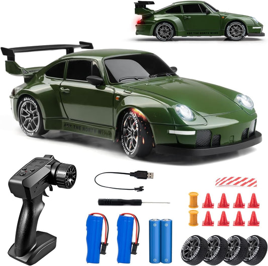Track Seven RC Drift Car, 1:24 Scale Remote Control Vehicle with LED Lights, 2.4GHz 20KM/H 4WD High Speed RC Cars, Drifting Tires＆Two Batteries, Racing Sports Toy Idea Gift for Adults Boys Girls