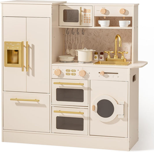 Track Seven Wooden Play Kitchen for Kids, Toddler Kitchen Set with Refrigerator, Dishwasher & Oven – Beige Kitchen Playset with Gold Sink & Handles, Toy Kitchen for Girls and Boys Ages 3