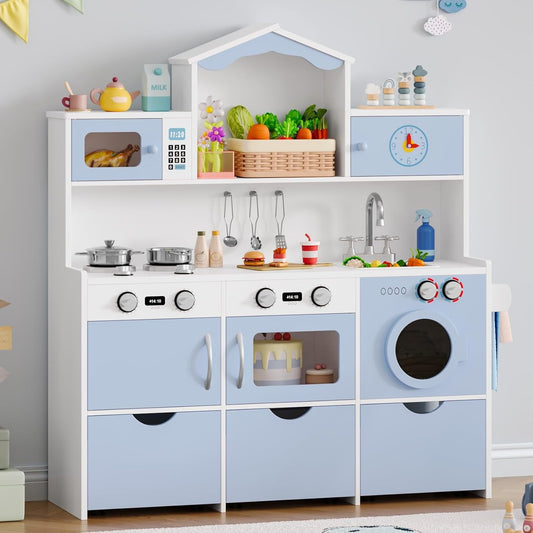 Track Seven Wooden Play Kitchen for Kids and Toddler, Toy Kitchen Playset with Plenty of Pretend Play Features and Storage Drawers, Gift for Boys and Girls, Blue