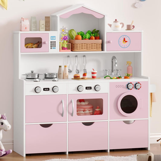 Track Seven Wooden Play Kitchen for Kids and Toddler, Toy Kitchen Playset with Plenty of Pretend Play Features and Storage Drawers, Gift for Boys and Girls, Pink