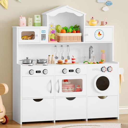 Track Seven Wooden Play Kitchen for Kids and Toddler, Toy Kitchen Playset with Plenty of Pretend Play Features and Storage Drawers, Gift for Boys and Girls, White