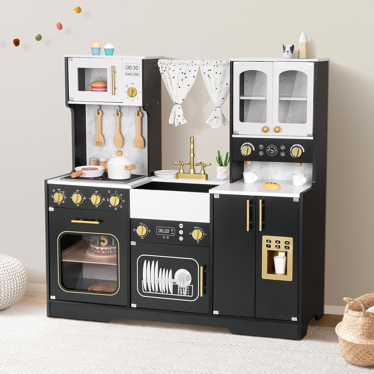 Track Seven Wooden Play Kitchen Set for Kids, Toddler Kitchen Playset with Real Lights & Sounds, Including 14 Pcs Accessories, Gift for Girls and Boys