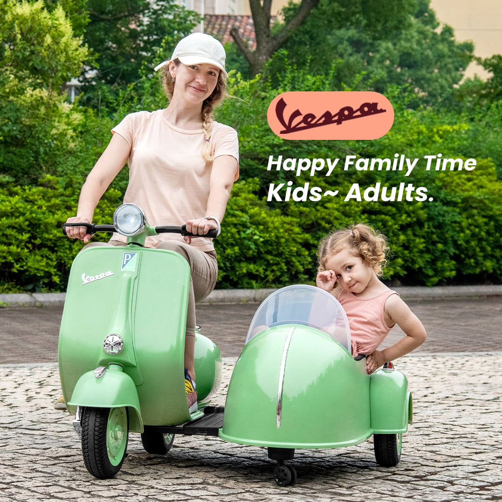 Track Seven 2-Seater Ride on Motorcycle, 12V Licensed Vespa Ride on Motorcycle wth Side Car, 2-Seater Ride on Car, Music, Max Speed 4.8mph, Green