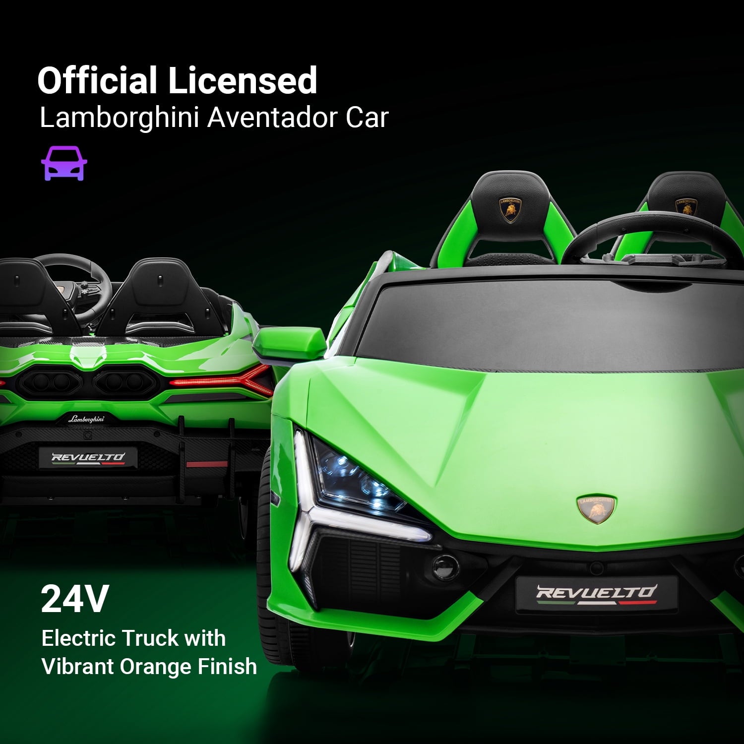 Track Seven 24V 2-Seater Ride on Car, Licensed Lamborghini Revuelto Electric Car with Remote Control, Music, LED Lights, Key Start, Spring Suspension, Max Speed 4.3mph, 24V Ride on Toy Car, Green