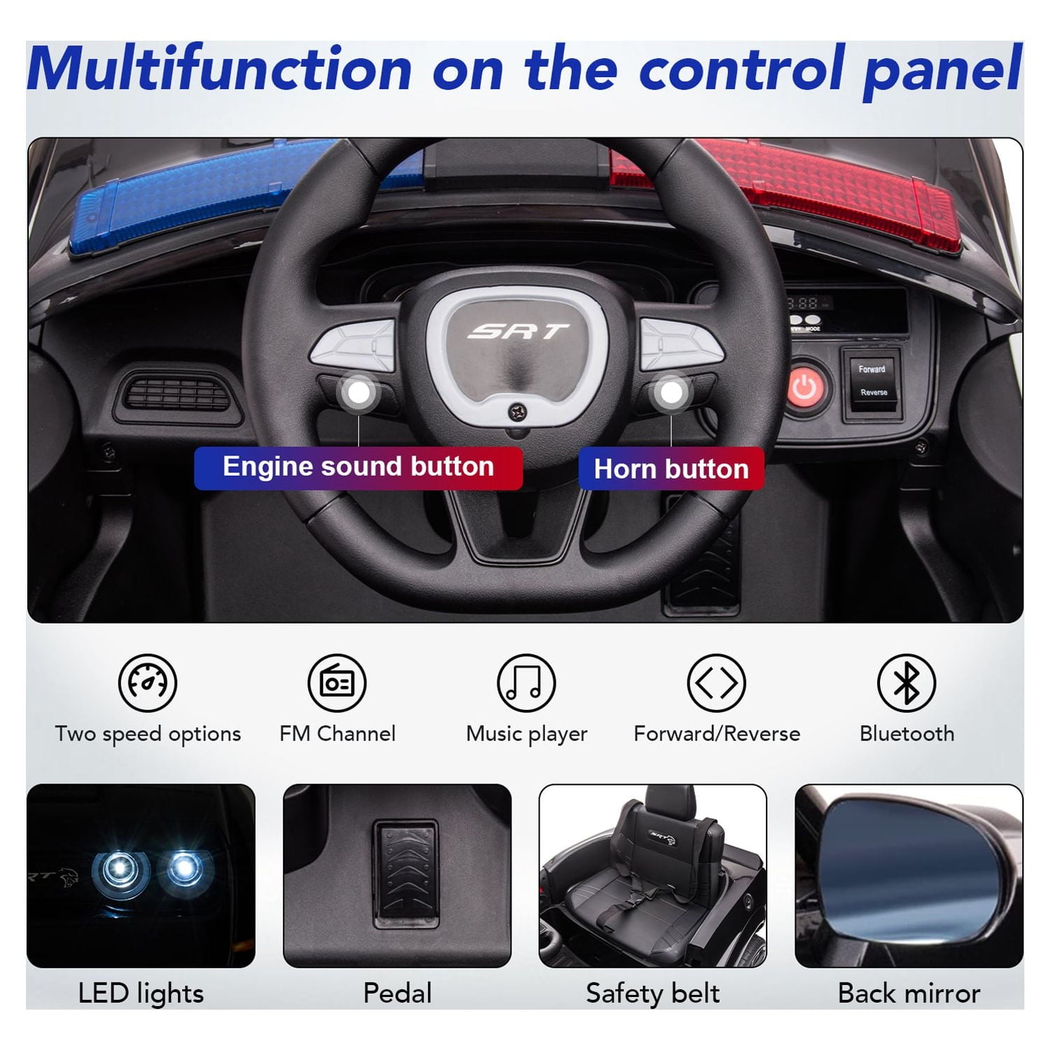 Track 7 Kids Ride on Police Car, Licensed Dodge Challenger SRT 12V Electric Car for Kids Age 3+, Remote Control, Music