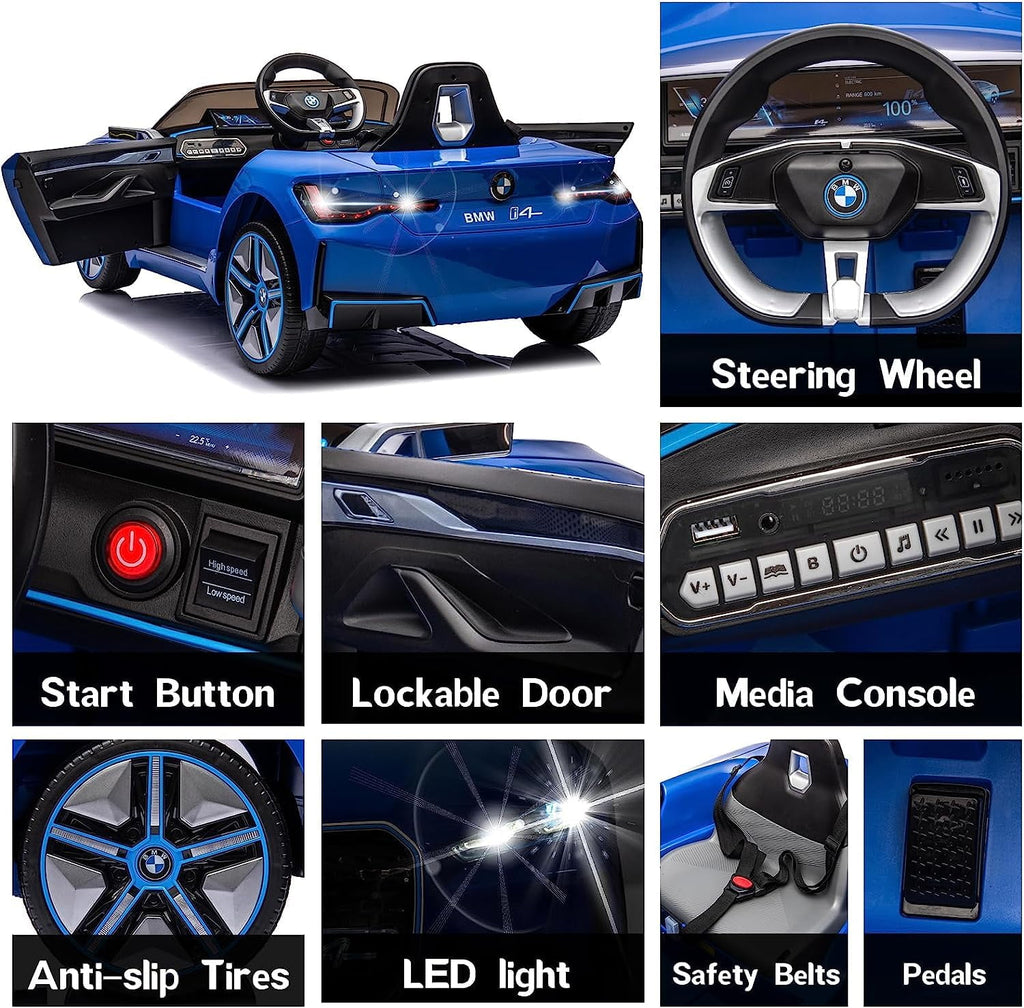 SUSIELADY 12V Kids Ride on car, Licensed BMW I4, with Parent Remote Control, 3 Speed Adjustable, Power Display, USB, MP3, Bluetooth, LED Light