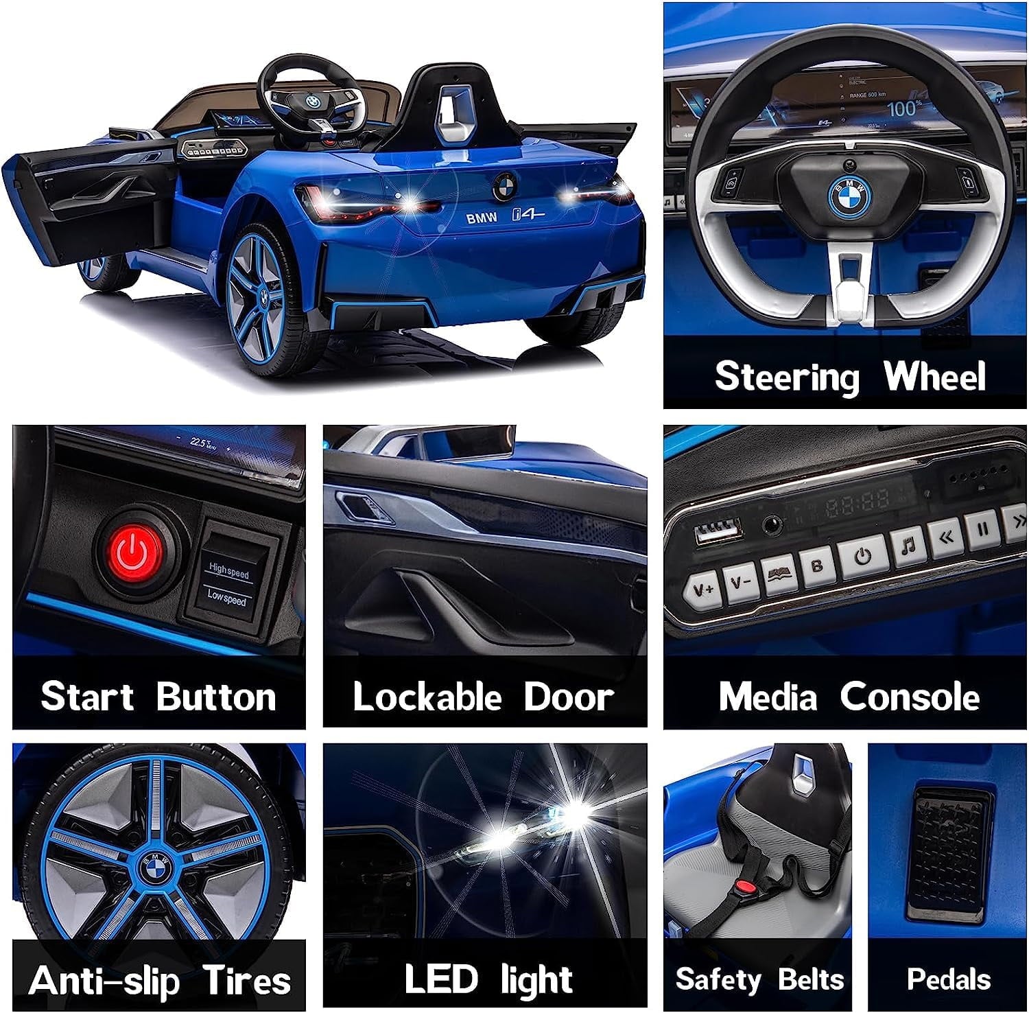 SUSIELADY 12V Kids Ride on car, Licensed BMW I4, with Parent Remote Control, 3 Speed Adjustable, Power Display, USB, MP3, Bluetooth, LED Light