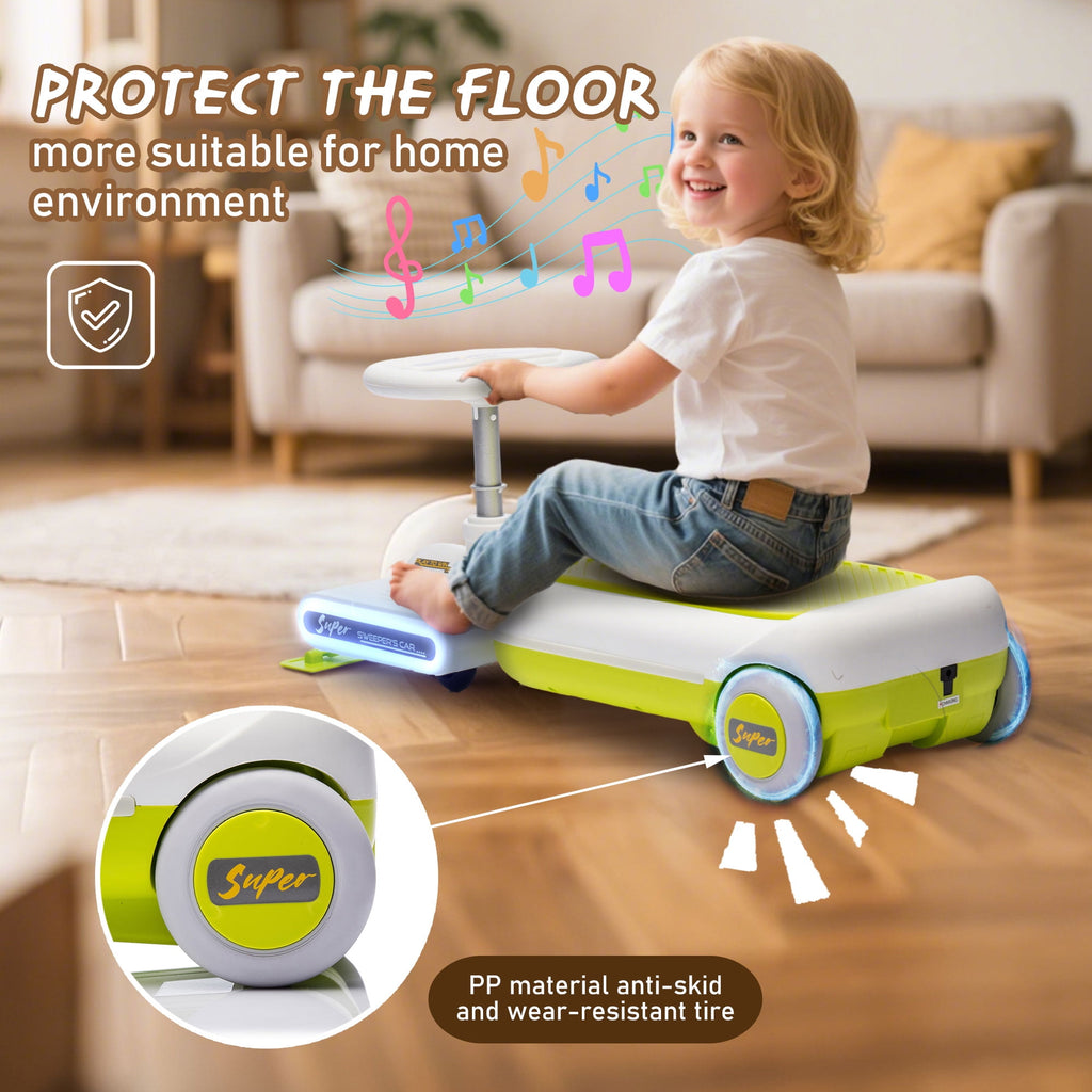 Track Seven 12V Ride on Car, Kids Electric Go Kart with LED Lights, Music, Adjustable Length, Portable Go Kart with Detachable Mopping Kit, Electric Car for Kids Toddlers Age 3+, Green