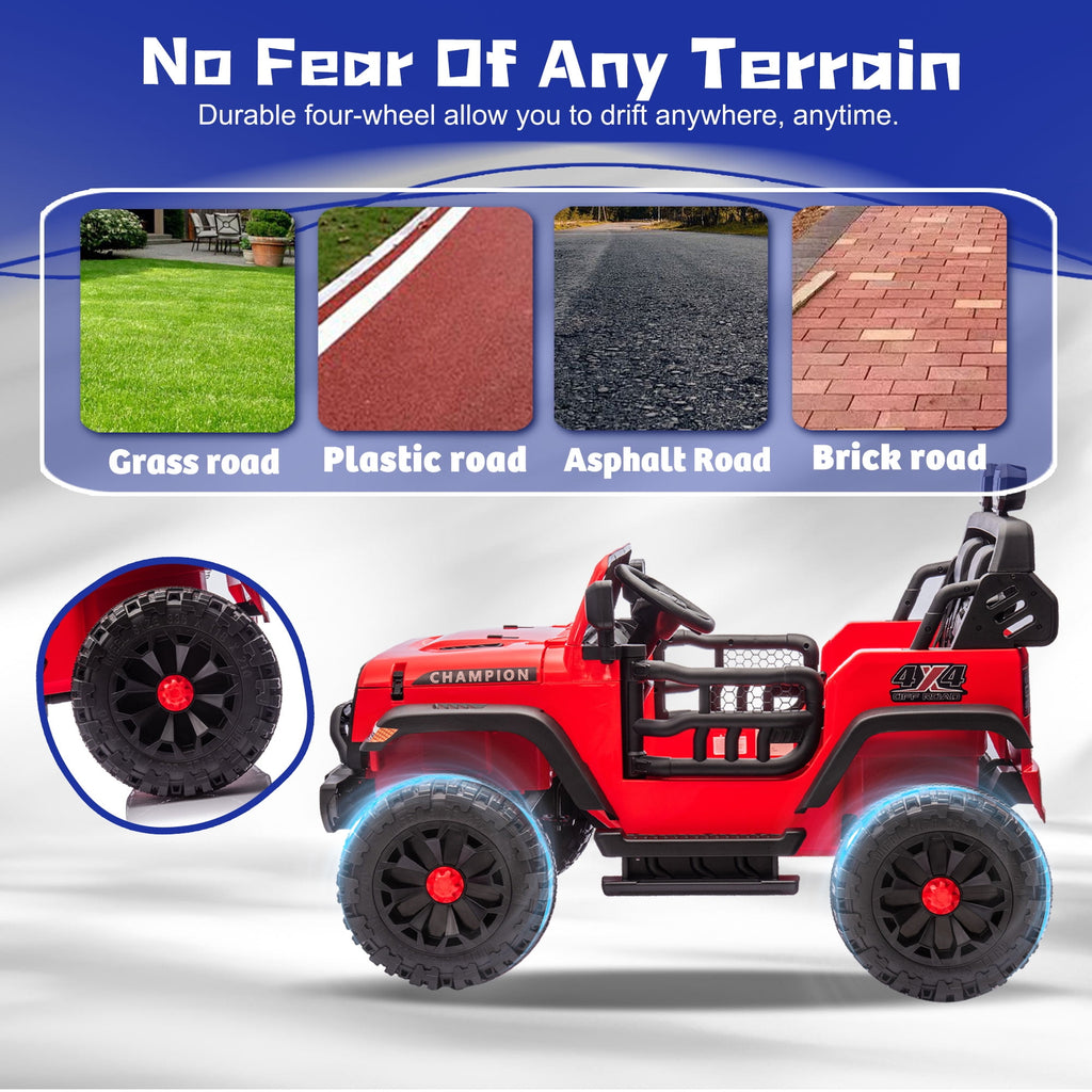Track Seven  24V Ride on Truck, 2 Seater Ride On Toy Car for Big Kids, 19.7" Large Wide Seat, 4WD Electric Truck Car with Music, Bluetooth, Light and Searchlight, Max Speed 4.35 mph, Red
