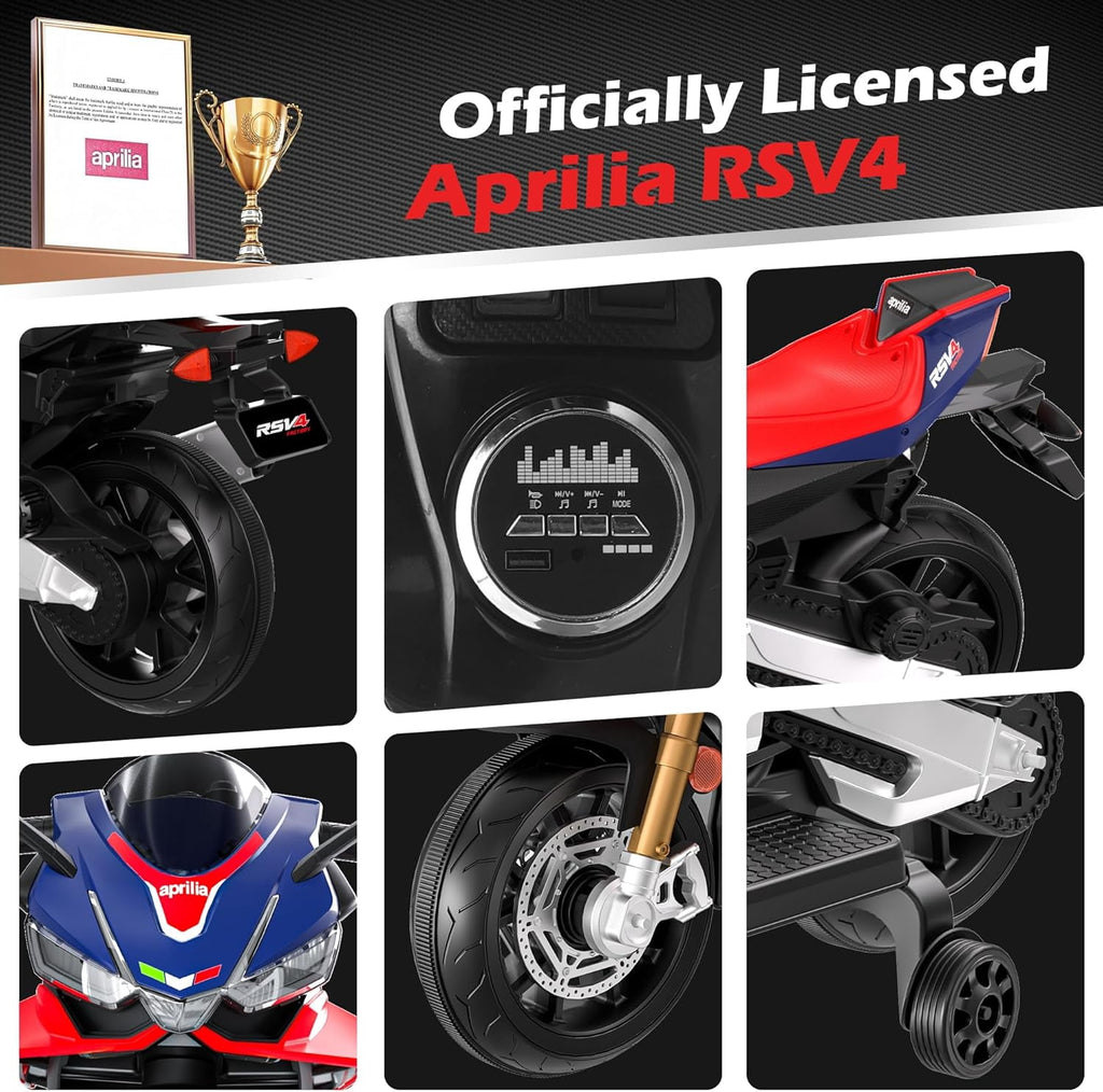 Track Seven 24V Ride on Motorcycle, Licensed Aprilia RSV4 Electric Motorcycle for Kids with Training Wheels, LED Lights, Music, Speed Up to 5 Mph, Ride on Toy Car for Boys Girls Aged 3+, Blue