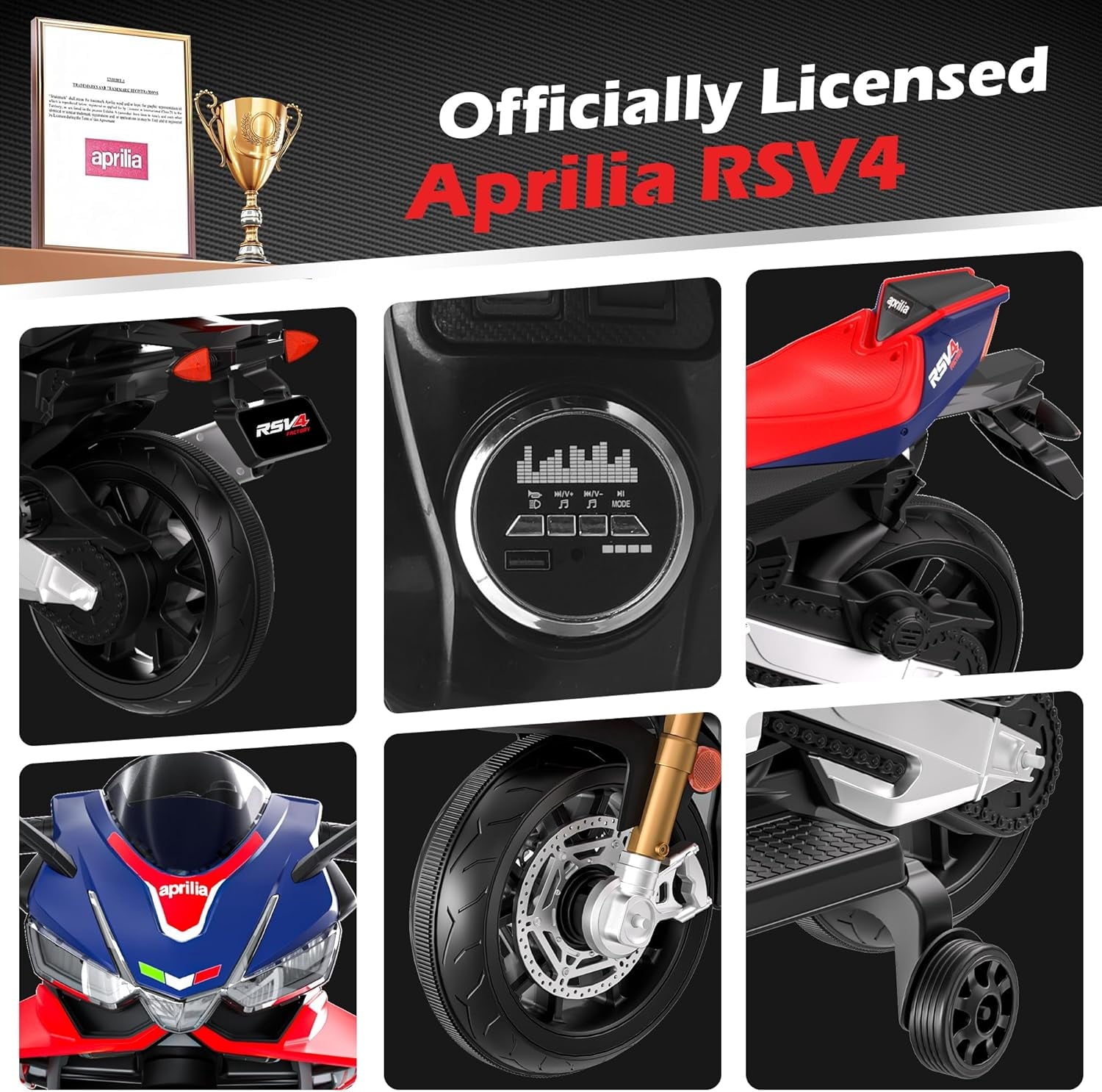 Track Seven 24V Ride on Motorcycle, Licensed Aprilia RSV4 Electric Motorcycle for Kids with Training Wheels, LED Lights, Music, Speed Up to 5 Mph, Ride on Toy Car for Boys Girls Aged 3+, Blue