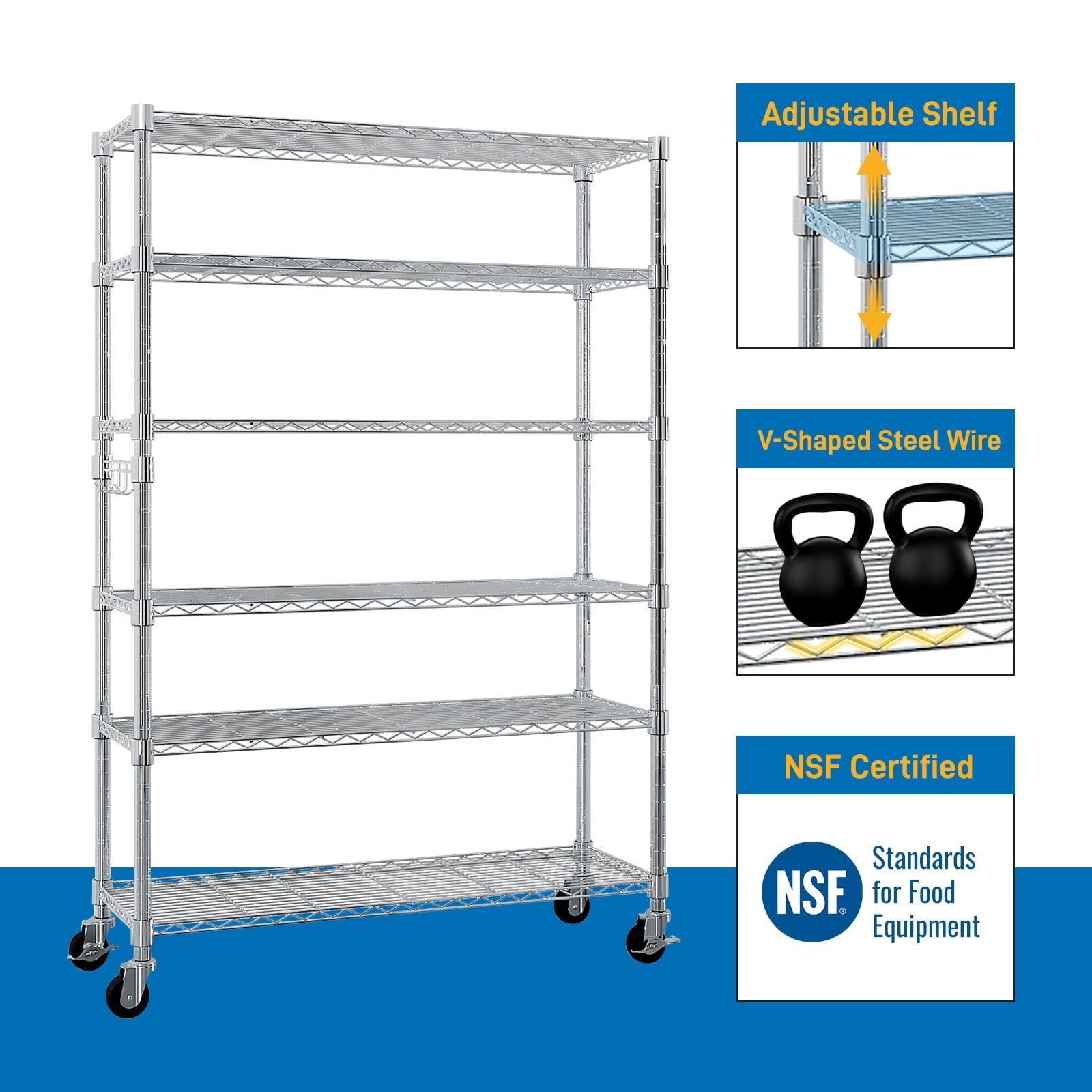 COOKCOK 6-Tier Storage Shelves, Wire Shelving Unit on Wheels Heavy Duty Shelves Adjustable Steel Shelving, Metal Storage Shelf with Hook, 46.06"x17.71"x81.88", Silver