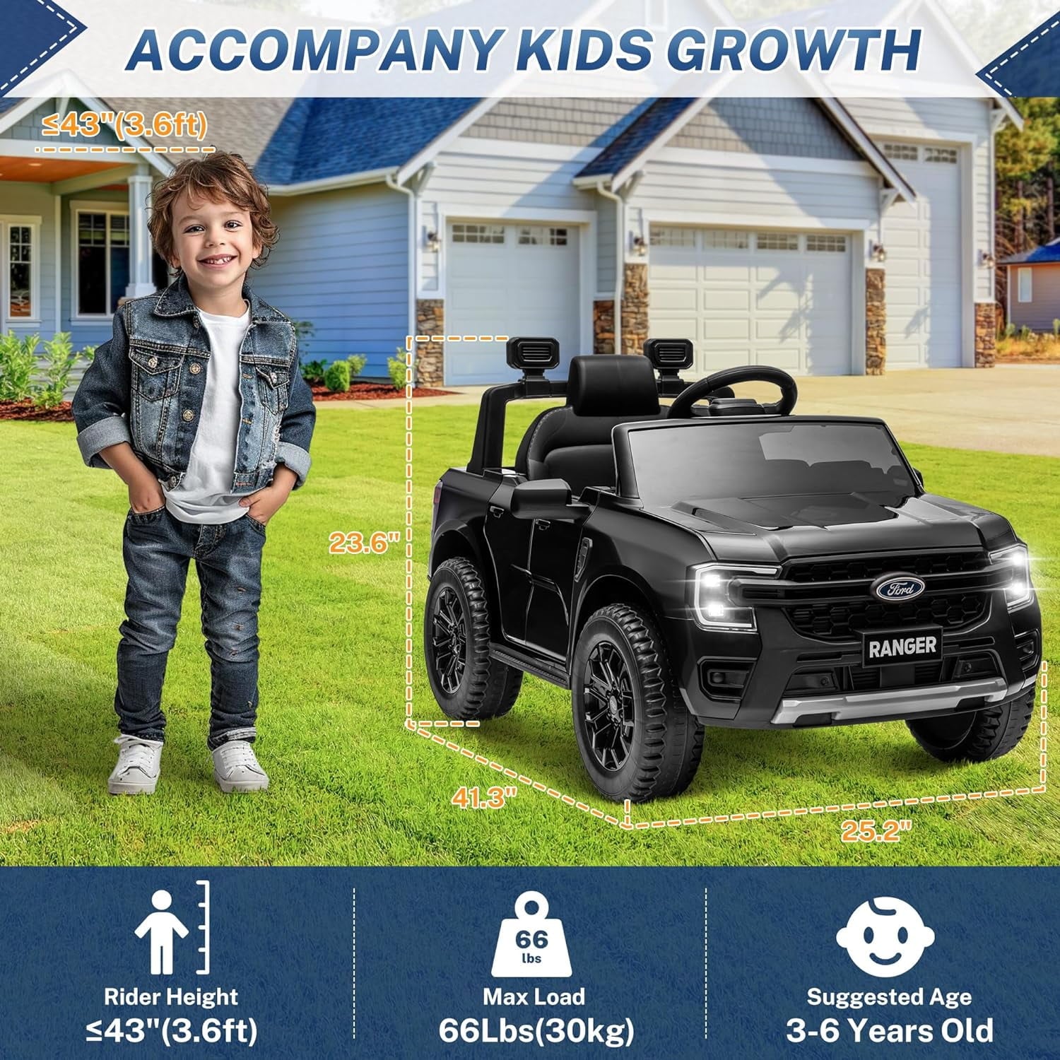 Track 7 12V Kids Ride on Pickup Truck, Licensed Ford Ranger, Electric Vehicle Ride on Toy Car with Remote Control, Music Player, LED Lights, Bluetooth, Soft Start, Gift for Kids Ages 3-6, Black