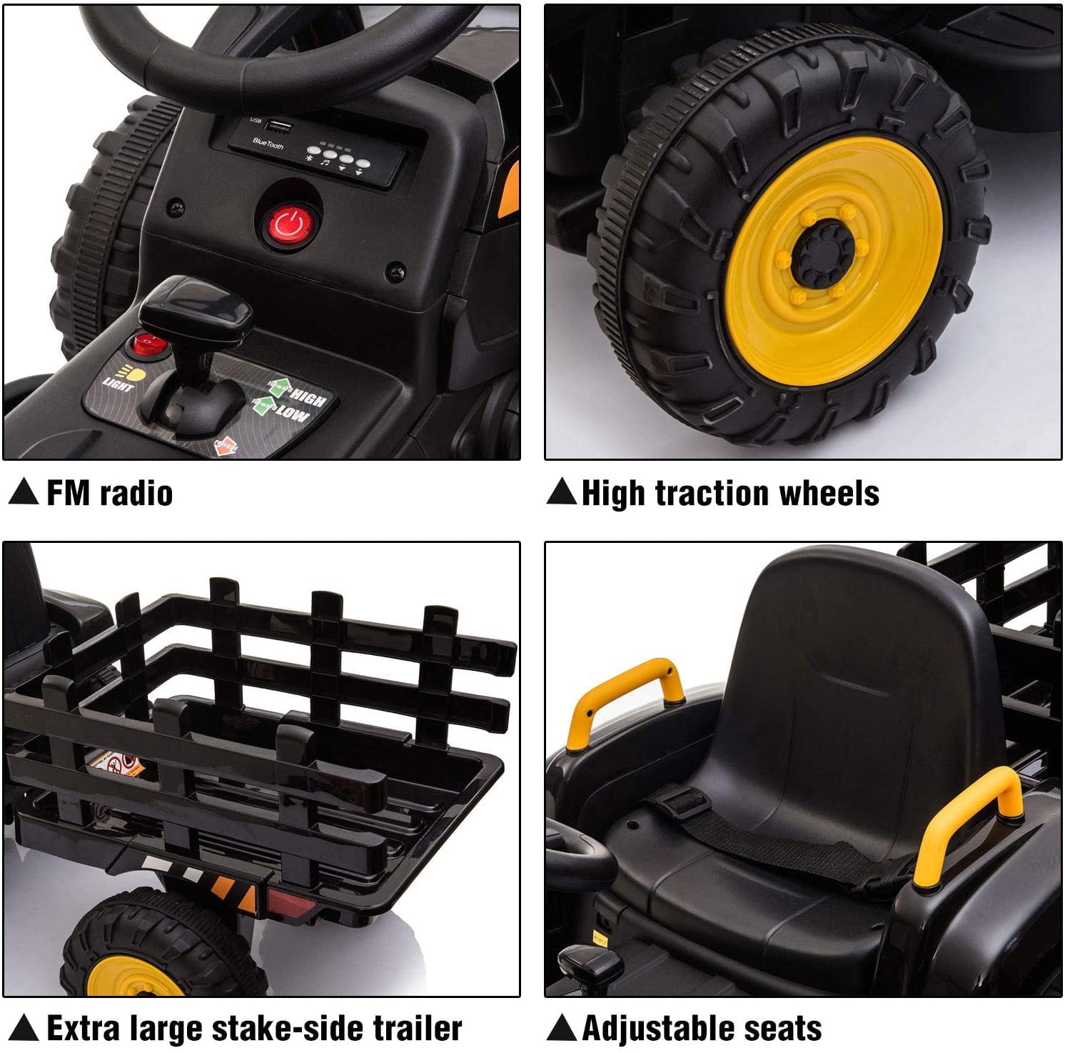 LISUEYNE 12V Ride on Tractor with Trailer,  Electric Car with Music, USB, LED Lights, Ride on Car for Kids Age 3-6 Years, Max Speed 5mph, Black