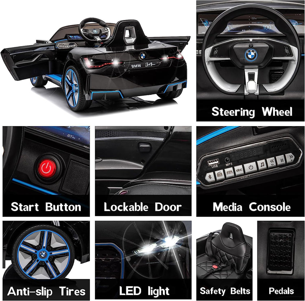 Track 7 Kids Ride on Car, 12V Licensed BMW i4 12V Electric Car with Remote Control, MP3, Age 3+, Black