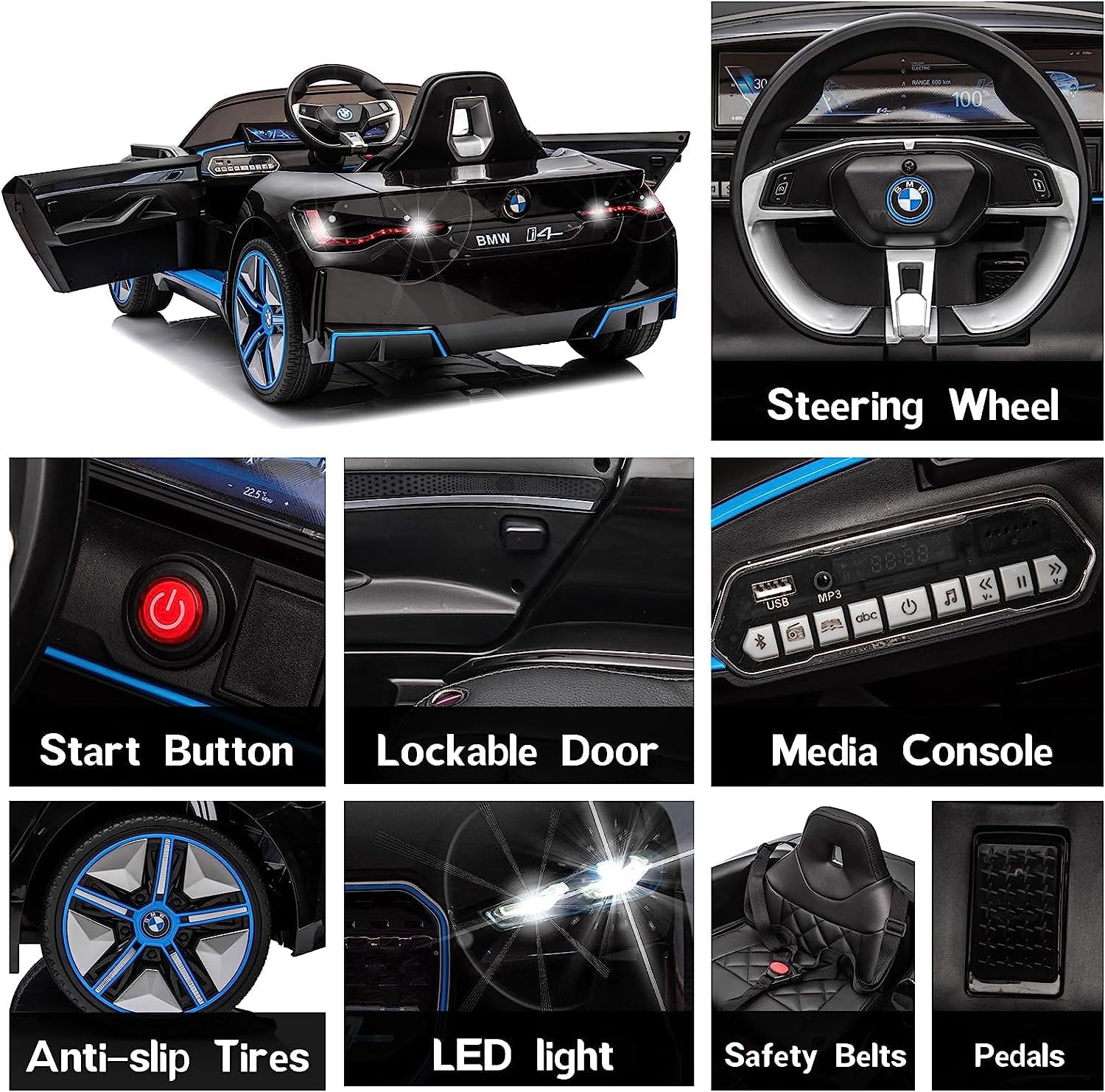 Track 7 Kids Ride on Car, 12V Licensed BMW i4 12V Electric Car with Remote Control, MP3, Age 3+, Black
