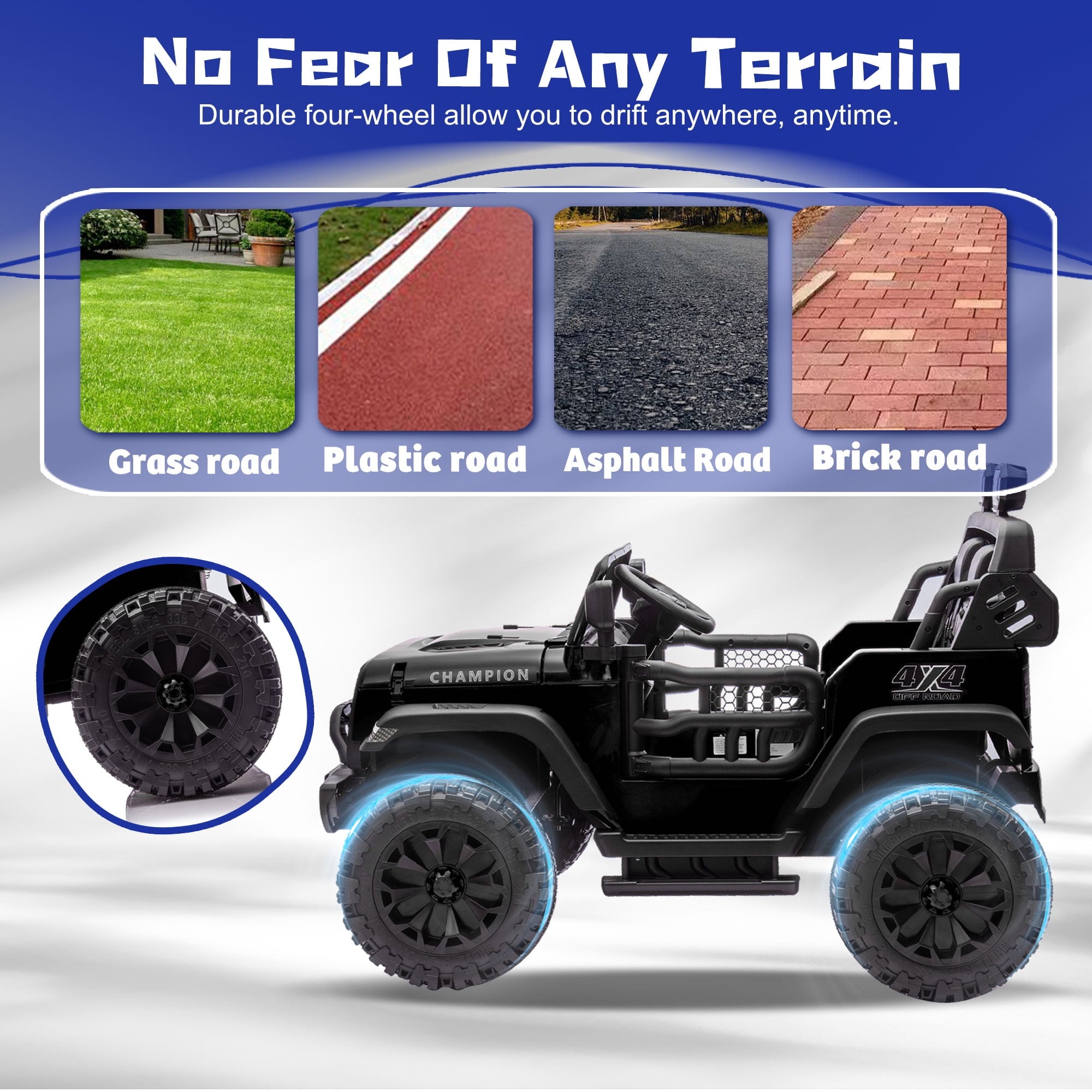 Track Seven 24V Ride on Truck, 2 Seater Ride On Toy Car for Big Kids, 19.7" Large Wide Seat, 4WD Electric Truck Car with Music, Bluetooth, Light and Searchlight, Max Speed 4.35 mph, Black