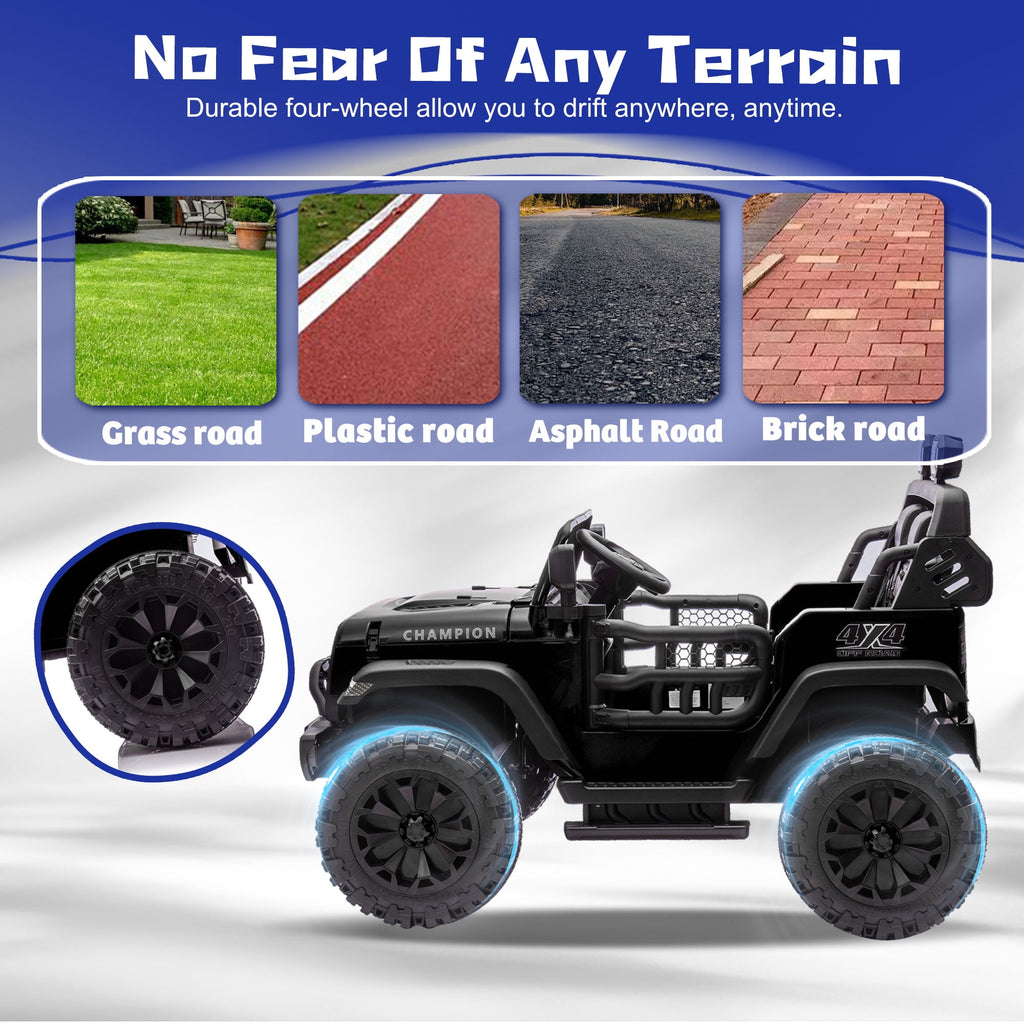 Track Seven 24V Ride on Truck, 2 Seater Ride on Toy Car for Big Kids, 19.7" Large Wide Seat, 4WD Electric Truck Car with Music, Bluetooth, Light and Searchlight, Max Speed 4.35 mph, Black
