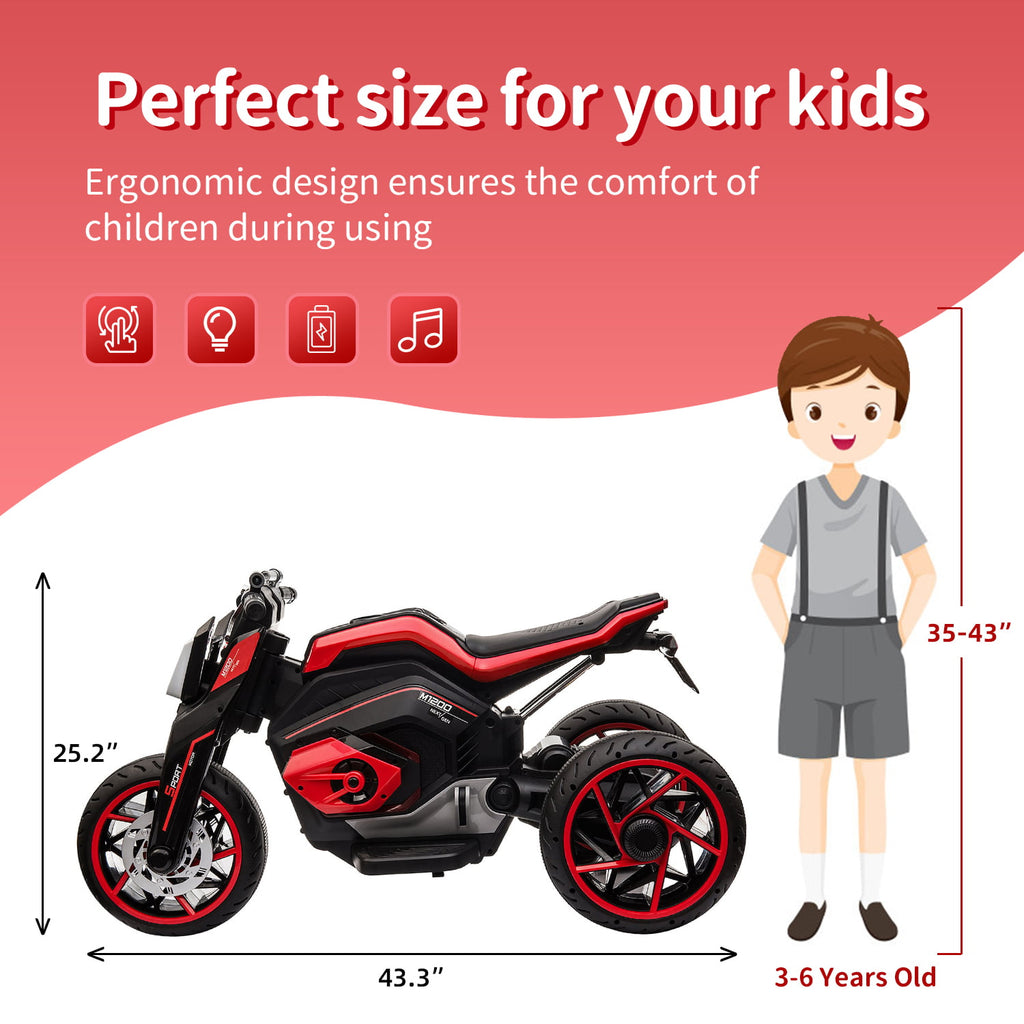 Track 7 Kids Ride on Motorcycle, 12V Electric Trike Motorcycle for Boys Girls Age 3+, 3 Wheels Motorcycle, Music, Red