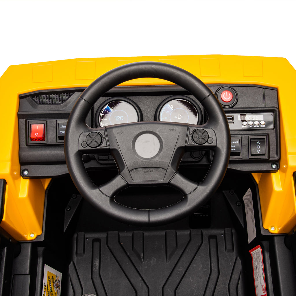 Track 7 12V Electric Ride-On Dump Truck, Parental Remote Control, 2WD Rear-Wheel Suspension, Electric Dump Bed & Bonus Shovel, Bluetooth Multimedia, Adjustable Volume & Speed, LED Lighting, Yellow