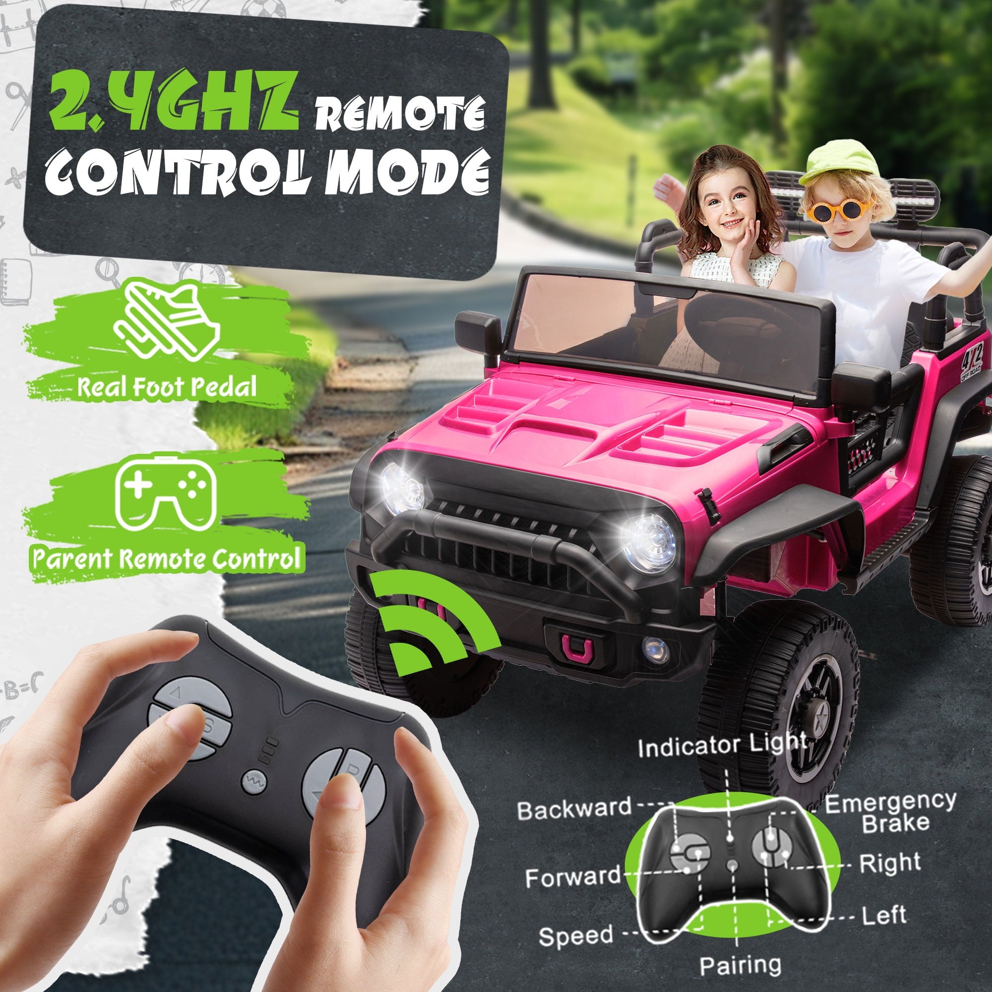 Track 7 24V Ride on Car, 2-Seater Ride on Truck, 400W Motors, 20" Width Seat, LED Lights, Music, Bluetooth, Remote Control, Electric Off-Road Truck Car for Boys Girls Age 3+, Pink