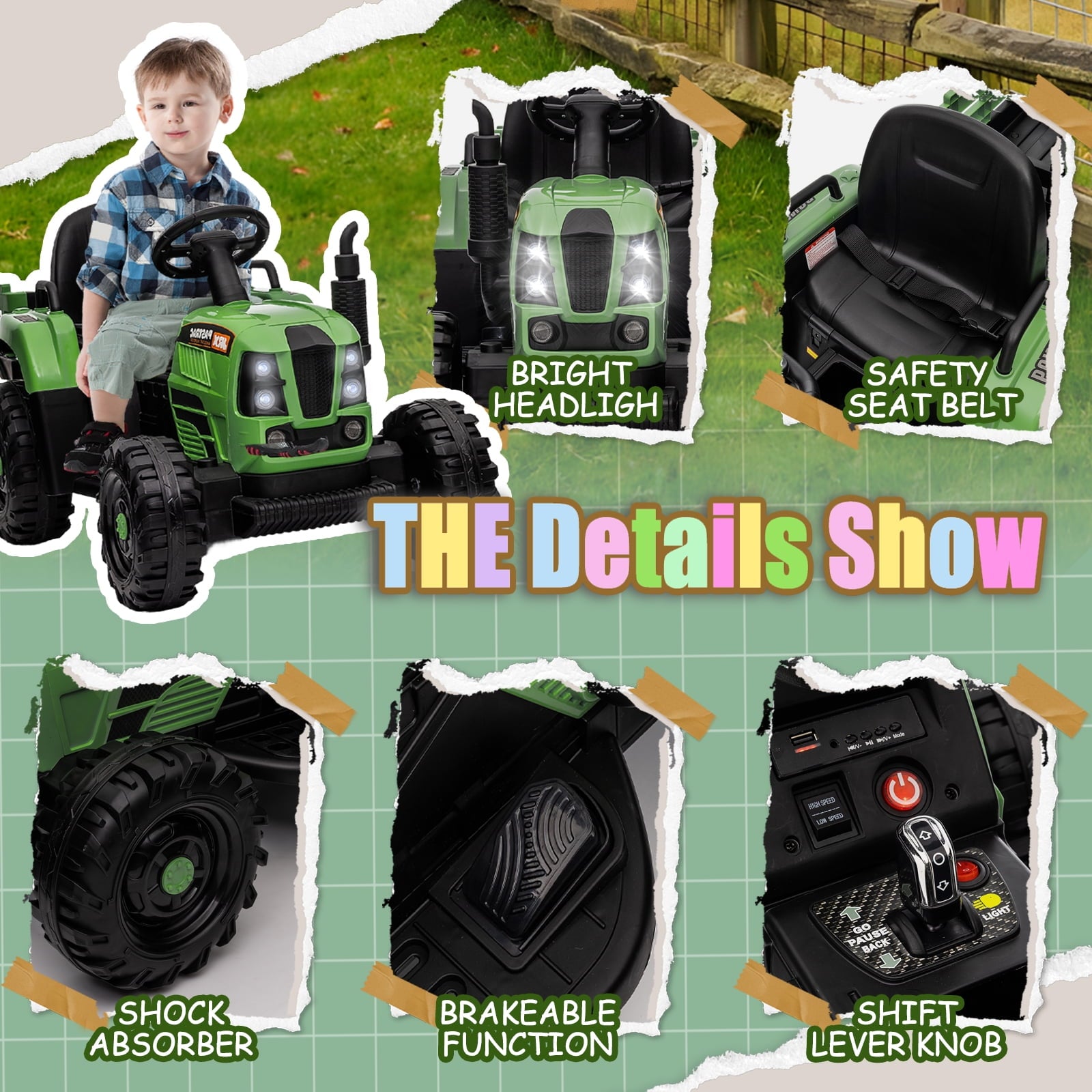 SUSIELADY 12V Kids Ride On Tractor with Trailer, with Parent Remote Control, 3 speed adjustable, with USB, MP3, Bluetooth, LED light, Two-point Safety Belt, for Kids 3+