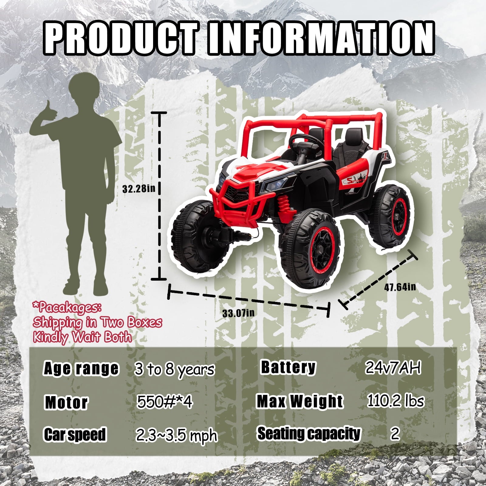 Track 7 24V Ride on UTV, 2-Seater Ride on Car with Remote Control, Music, 2 Speed, Key Start, 4x4 Ride on Off-Road Truck, Blue