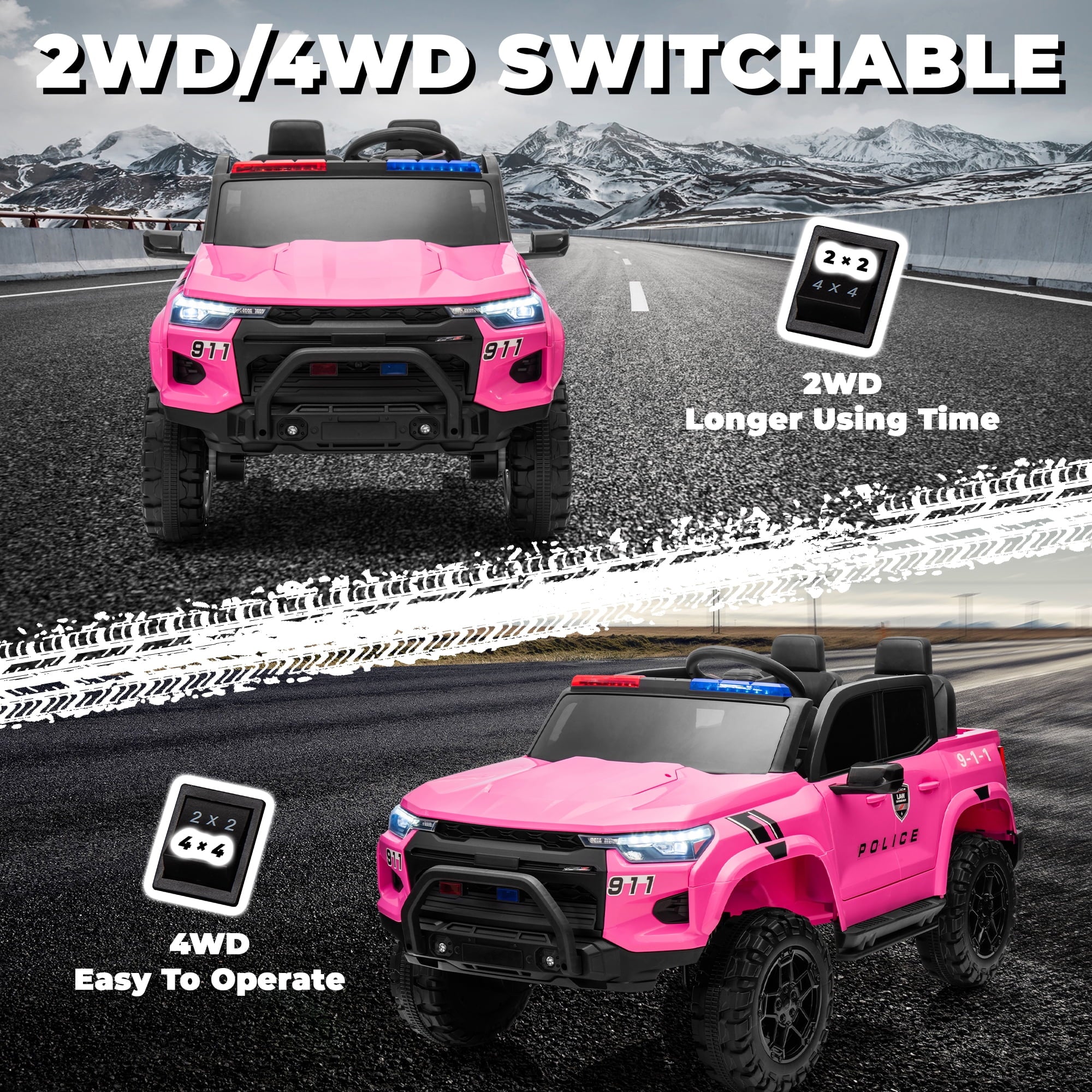 SUSIELADY 24V Kids Ride on Police Car, 2-Seater Kids Ride on Pickup, 4WD 800W Motors, with Remote Control, Bluetooth, LED Lights, Spring Suspension, for Kids Aged 3+