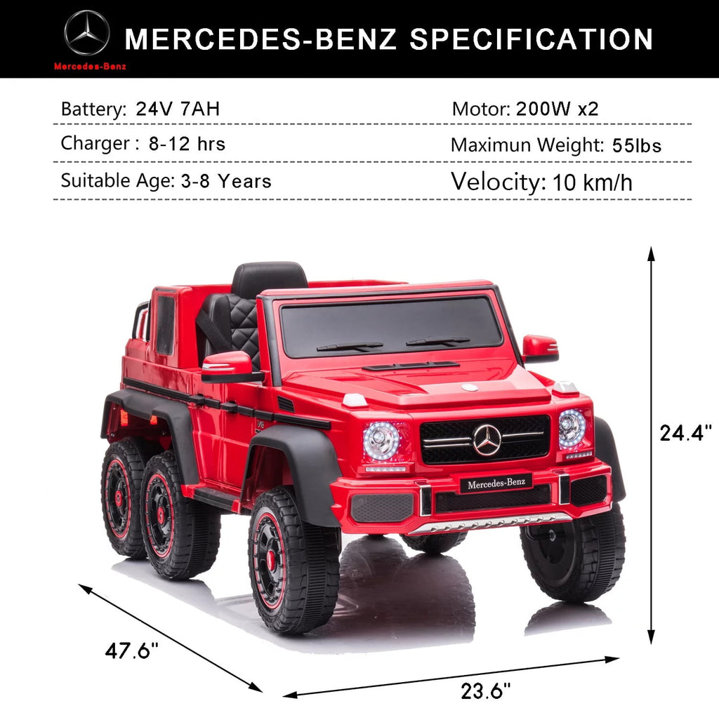 Track 7 24V Ride on Car, Licensed Mercedes Benz G63 24V Electric Car with Remote Control, Music, Bluetooth, Leather Seat, 6 Wheels Kids Ride on Truck, Red