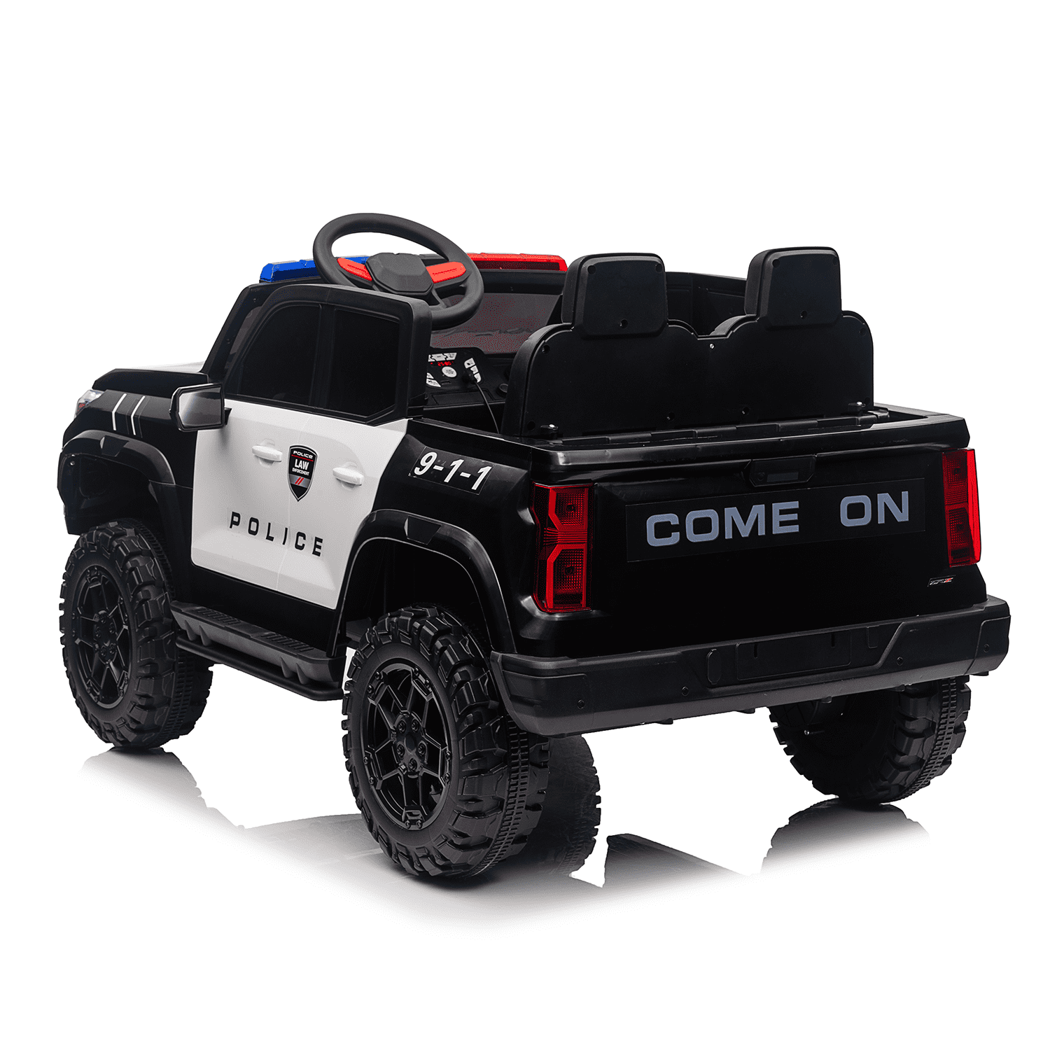 Track 7 24V 2-Seats Police Car for kid 3+, 3 speed adjustable, 2-Point Safety Belt, with Remote Control, Flashing Lights, Music, Spring Suspension, Black