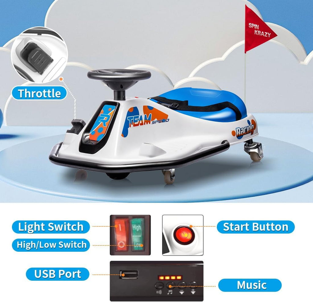 Track 7 24V Electric Drifting Go Kart for Kids, Kids Electric Go Kart w/360-Degree Spin, Music, Bluetooth, Flag, Drift Kart Up to 7.5 mph, Blue