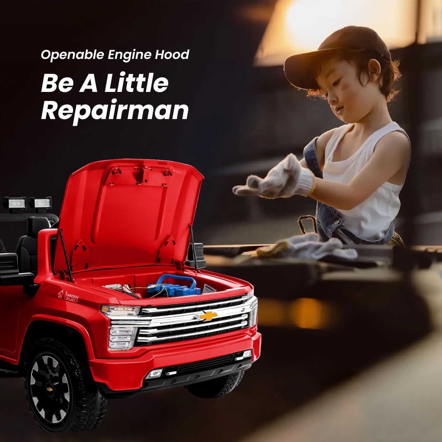 Track Seven 24V Ride on Car, Licensed Silverado HD 2 Seater Electric Car for Boys Girls Age 3+, 24V Ride on Truck w/Remote Control, Music, ABC, Red