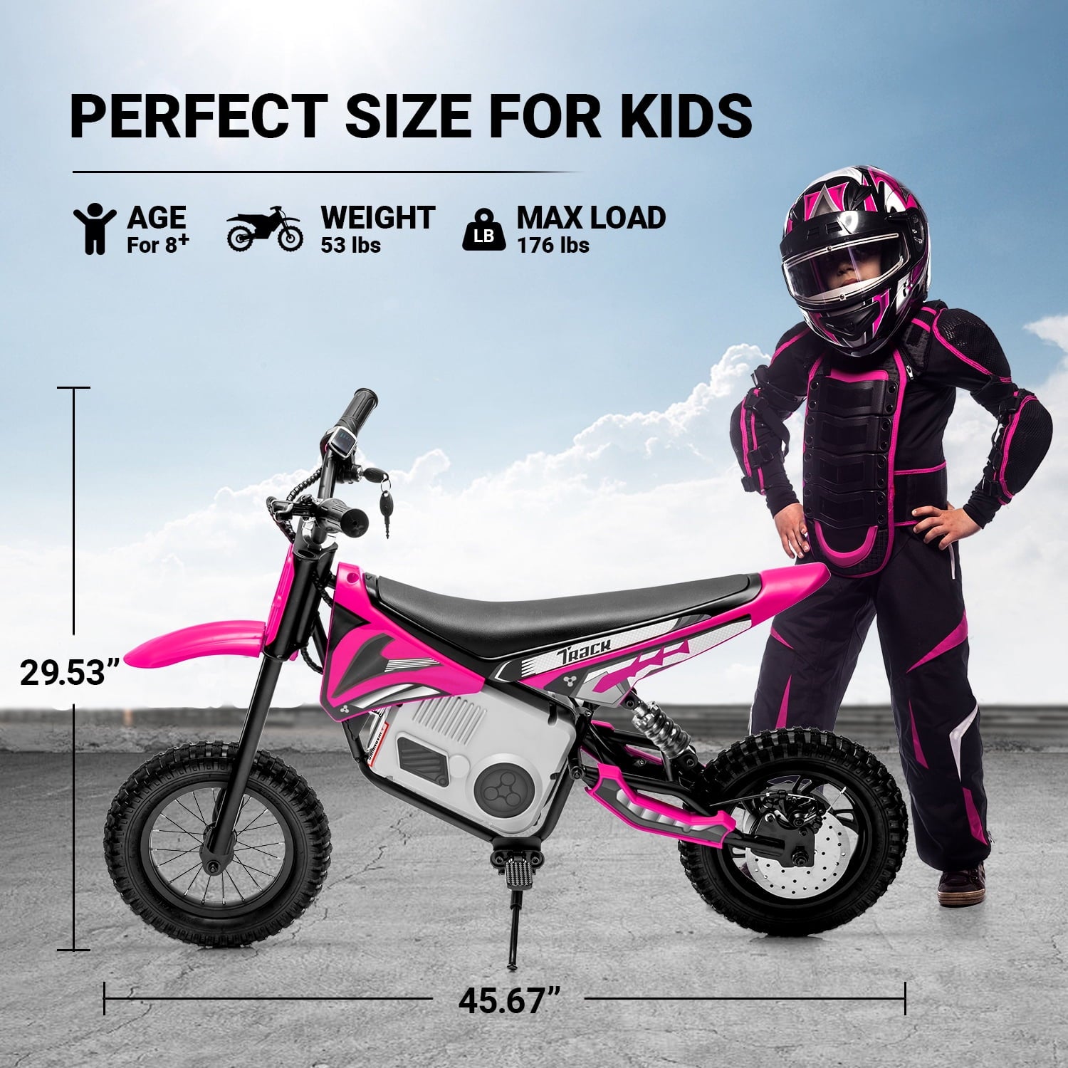 Track 7 24V Electric Dirt Bike, 350W Ride on Motorcycle with Twist Grip Throttle, Hand-Operated Dual Brakes, Speed Up to 10 MPH, for Age 8-12, Pink
