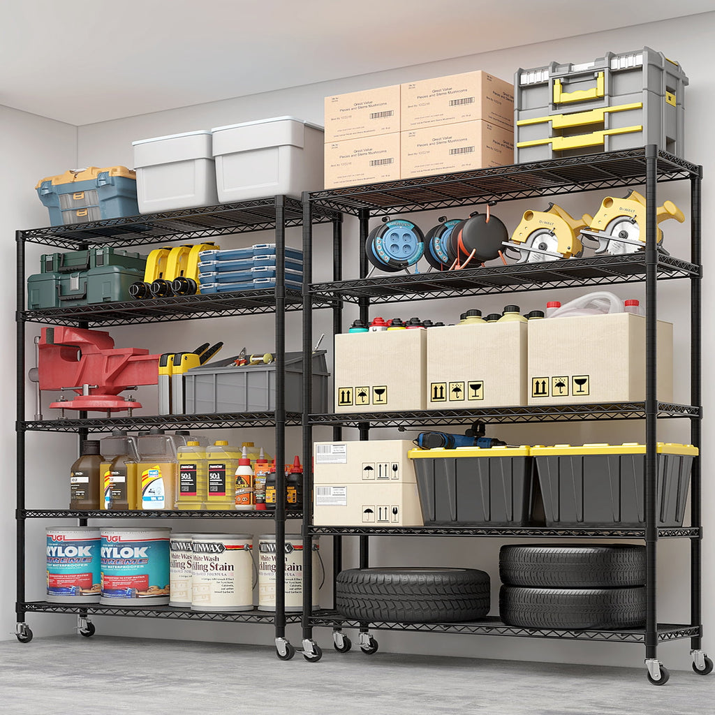 COOKCOK 5-Tier Storage Shelves, 74" H Heavy Duty Wire Storage Shelves with Wheels, Adjustable Metal Shelving, Rolling Metal Organizer Shelf Utility Rack for Warehouse, Restaurant, 59" x 17" x 74"