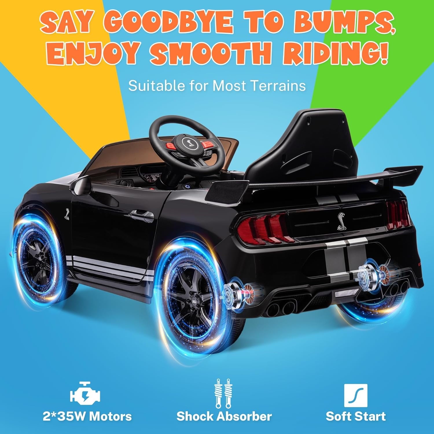 Track 7 12V Ride on Car, Licensed Ford Mustang Shelby GT500 Ride on Car with Remote Control, LED Lights, Music & Bluetooth, Electric Car for Boys Gilrs Age3+， Black